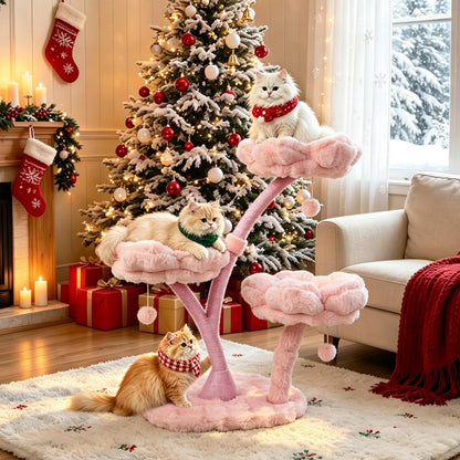 Indoor Cat Tower Tree Modern Pink Vertical Cat Tree Activity Center for Cats, Compact Multi-Level Cat Tree Furniture with Cushioned Flower Platforms, Scratching Trunk