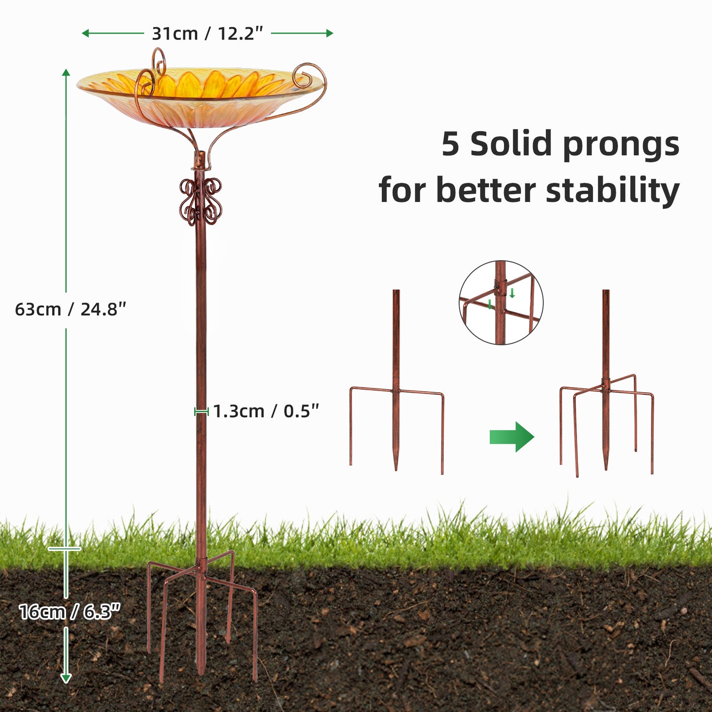 24.8” Tall Garden Glass Bird Bath Bird Feeder with Metal Stake Birdbaths Fountain