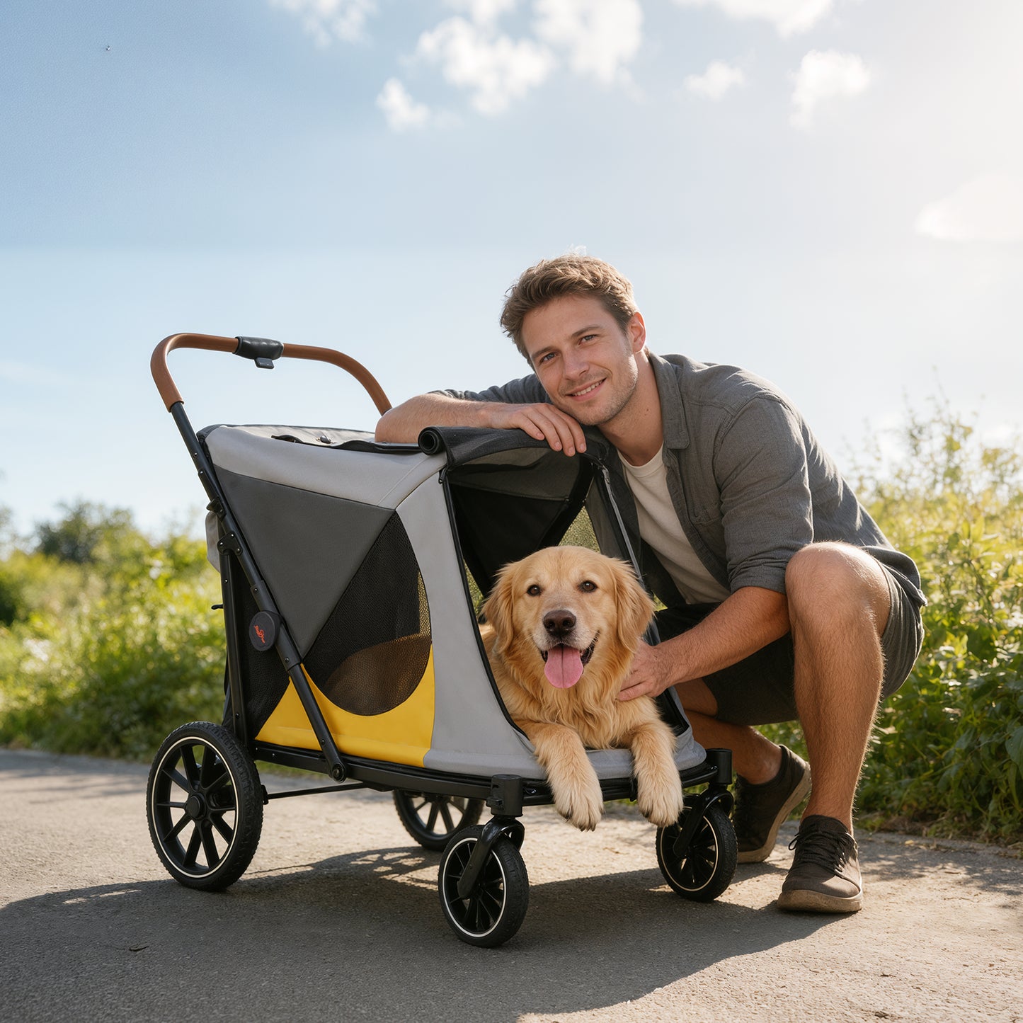 Dog Stroller for Medium Dogs up to 42kg, One Click Folding Pet Stroller with Zipper Door, Breathable Mesh, EVA 360° Wheels, Storage Bag, Brak