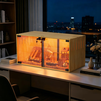 Wooden Pet Cage: Natural Wooden Hamster Guinea Pigs Cage Hedgehogs Enclosure with Tempered Glass Panels, Built-in LED Light, for Small Pets