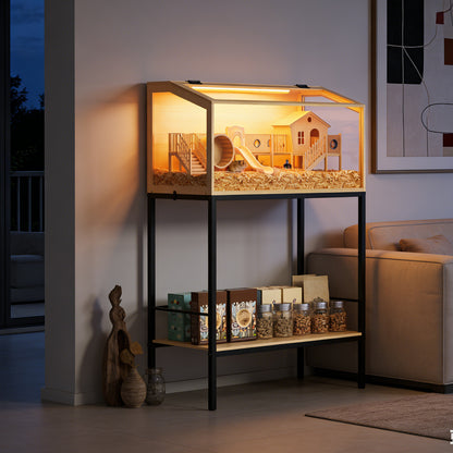 Hamster Cage with Stand: Indoor Wooden Hamster Cage Habitat Enclosure with Shelf Clear Tempered Glass Panel, Built-in LED Lights, for Gerbil, Hedgehog, Chew-proof