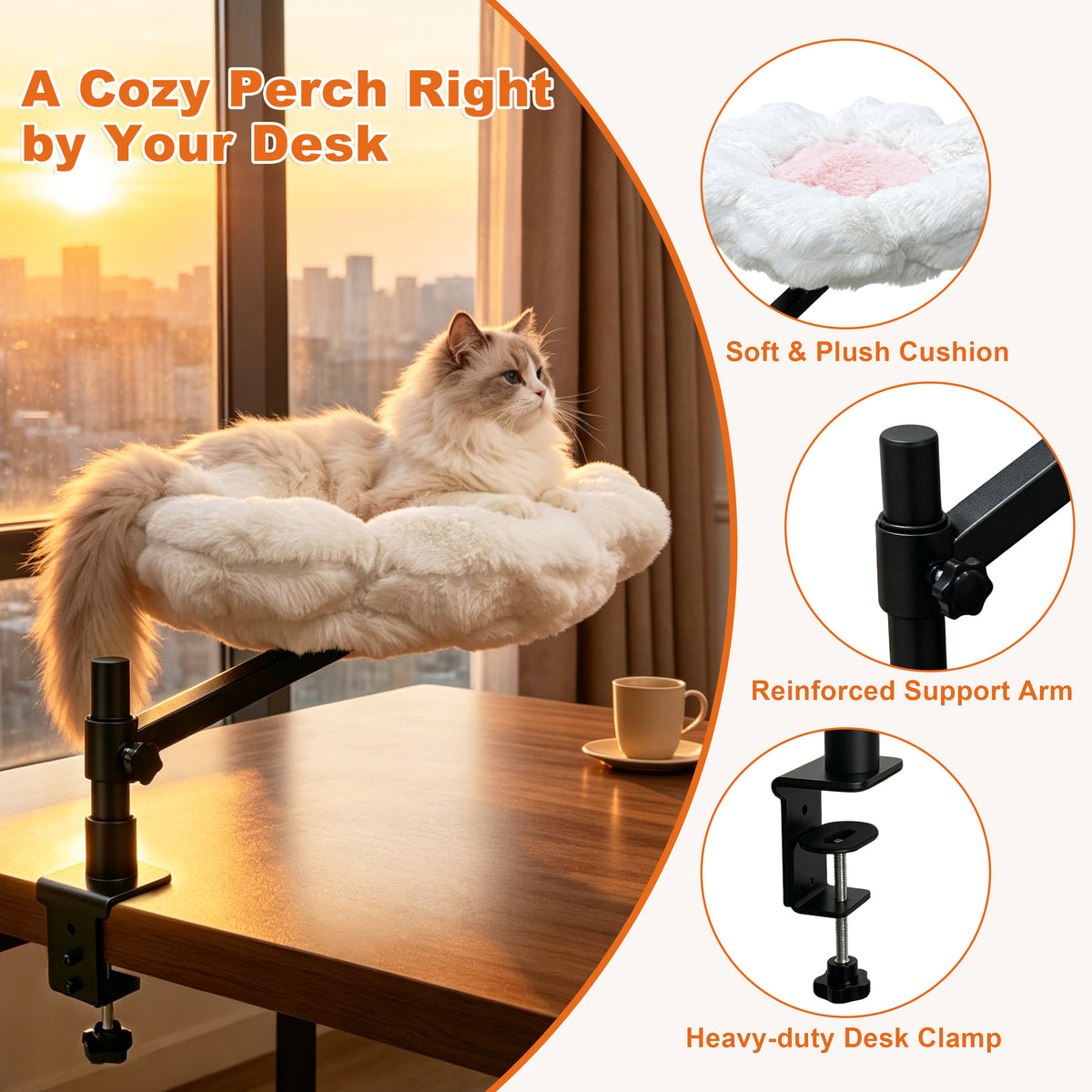 Cat Desk Bed: Elevated Desk Mount Cat Bed with Clamp-on, 360°&nbsp;Rotating &amp; Height Adjustable Support Clamp, Padded Soft Flower Shaped Nest Bed for Kittens