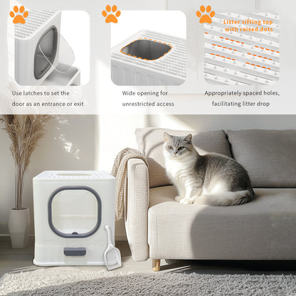 Large Cat Litter Box with Lid, Enclosed Drawer Type Litter Box with Scoop for Cat, Plastic Easy to Clean Cat Toilet 15x20 Inch