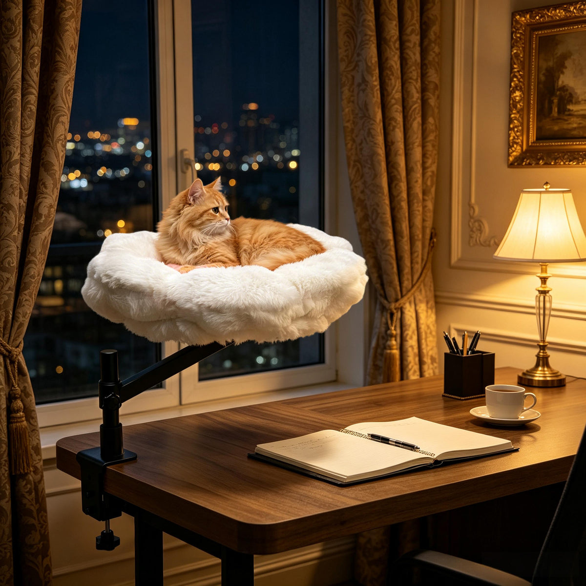 Cat Desk Bed: Elevated Desk Mount Cat Bed with Clamp-on, 360°&nbsp;Rotating &amp; Height Adjustable Support Clamp, Padded Soft Flower Shaped Nest Bed for Kittens