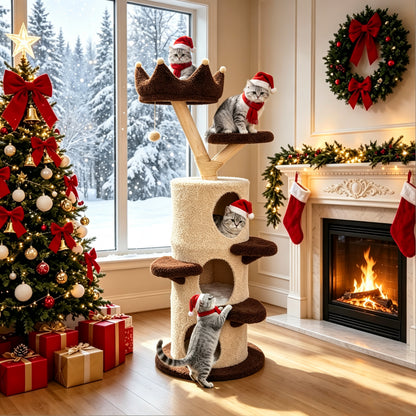 Modern Cat Tree with Cream & Brown Design, Large Cat Tree Multi-Level Tower, Cat Tree for Multiple Cats, Spacious Tree Trunk Cat Condo, Pet Furniture Gift