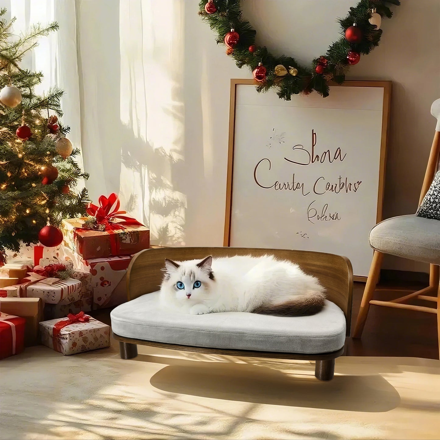 Wooden Cat Furniture Elevated Pet Stool Bed with Cozy Pad for Indoor Animals