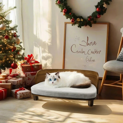 Wooden Cat Furniture Elevated Pet Stool Bed with Cozy Pad for Indoor Animals