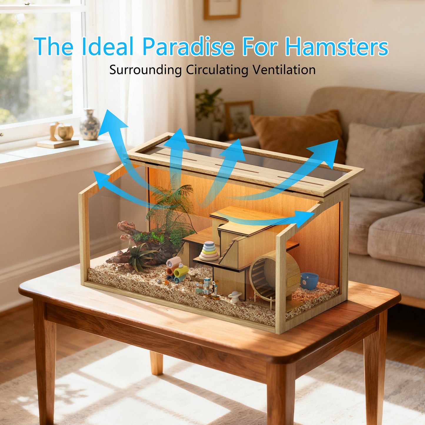 Chew-proof Hamster Cage: Indoor Wooden Hamster Cage with Clear Tempered Glass Panel, Built-in Light, Tabletop Hamsters Habitat Enclosure for Pets