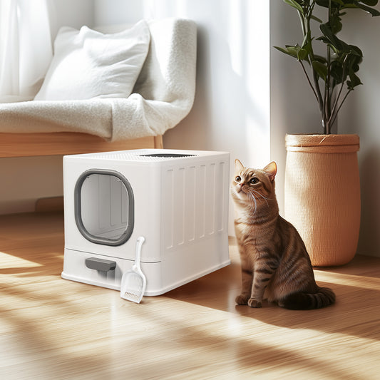 Large Cat Litter Box with Lid, Enclosed Drawer Type Litter Box with Scoop for Cat, Plastic Easy to Clean Cat Toilet 15x20 Inch