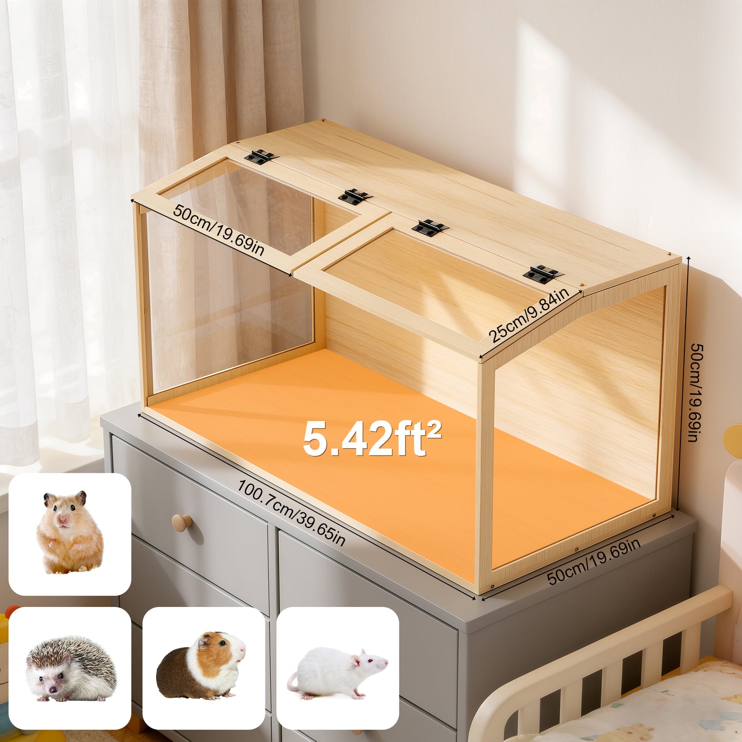 Tempered Glass Hamster Cage with LED Light, 40" Clear Small Animal Enclosure, Modern Wood Frame, Scratch Resistant, Deep Base for Burrowing