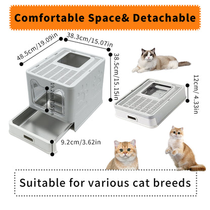 Stainless Steel Cat Litter Box w/ Scoop Enclosed Drawer Litter Box Odorless Gray