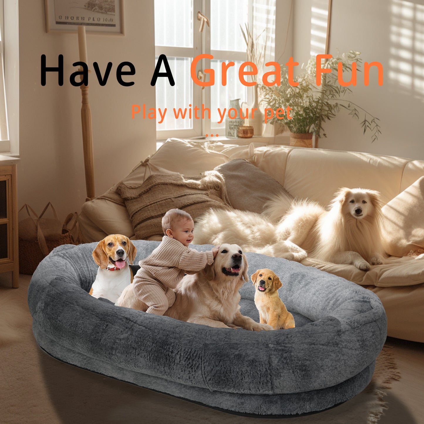 Giant Oval Dog Bed Extra Large Dog Bed for You and Pets Warm Sleeping Bed Grey