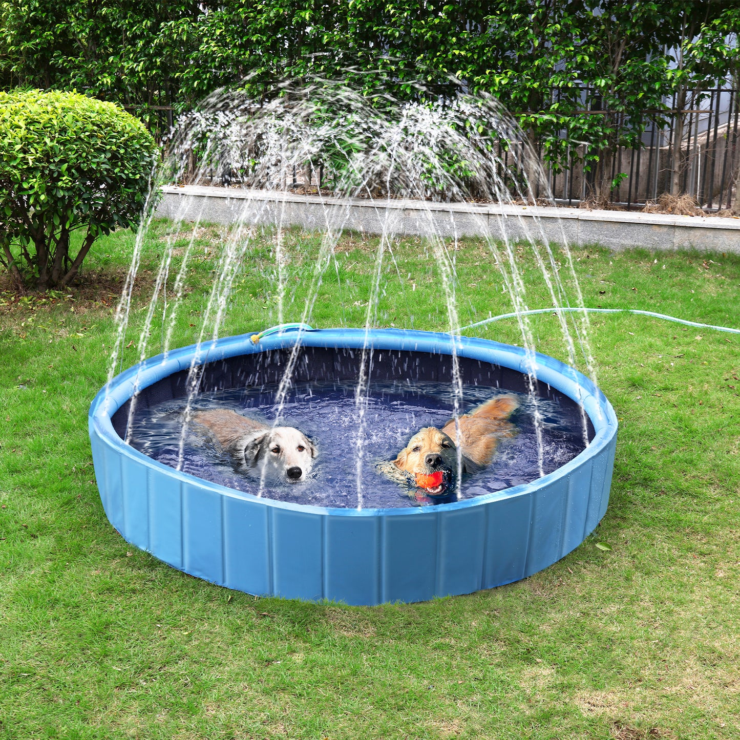 Dog Swimming Pool: Heavy Collapsible Dog Pet Swimming Pool with Spray Sprinkler Pet Bathing Tub for Outside Backyards, Kids Pets Dogs Cats