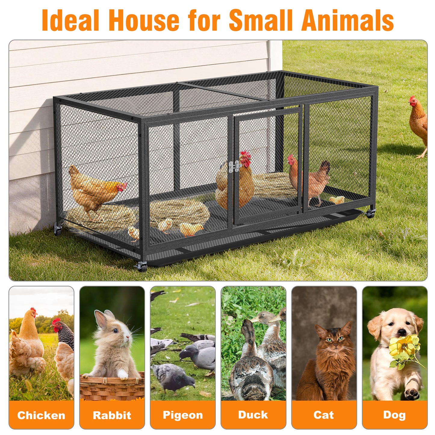 Metal Chicken Cage with Wheels, Elevated Indoor Chicken Cage, Heavy Duty Movable Iron Chicken Coop for Balcony, Patio, Small Pet Chickens and Quail