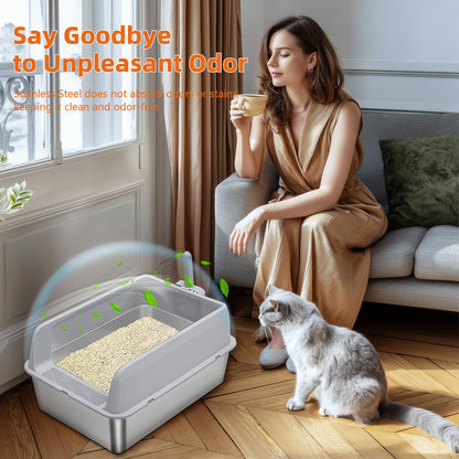 Stainless Steel Cat Litter Box High Sided Pan with Spoon for Cats, Easy to Clean