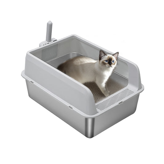 Stainless Steel Cat Litter Box High Sided Pan with Spoon for Cats, Easy to Clean