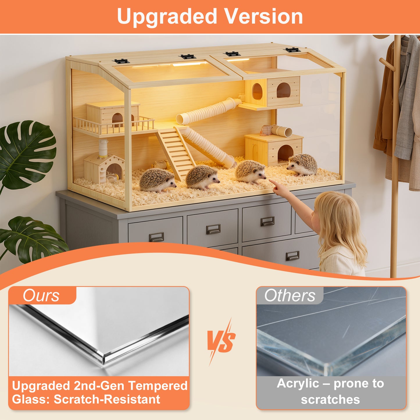 Tempered Glass Hamster Cage with LED Light, 40" Clear Small Animal Enclosure, Modern Wood Frame, Scratch Resistant, Deep Base for Burrowing