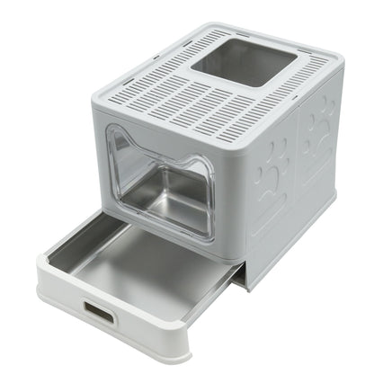 Stainless Steel Cat Litter Box w/ Scoop Enclosed Drawer Litter Box Odorless Gray