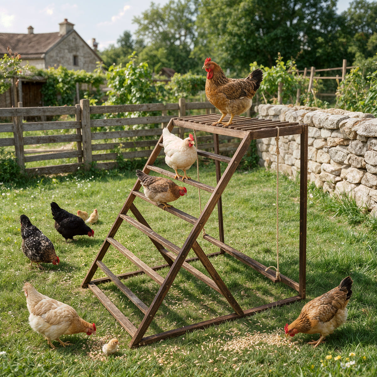 Chicken Playground with Top Platform, Wooden Roosting Bar for Poultry, 36 in Tall Jungle Gym with Balance Swing, Sanded Pine Perches for Backyard Farm Coop