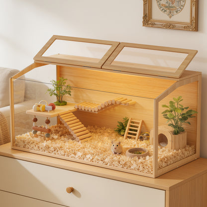 Tempered Glass Hamster Cage with LED Light, 40" Clear Small Animal Enclosure, Modern Wood Frame, Scratch Resistant, Deep Base for Burrowing