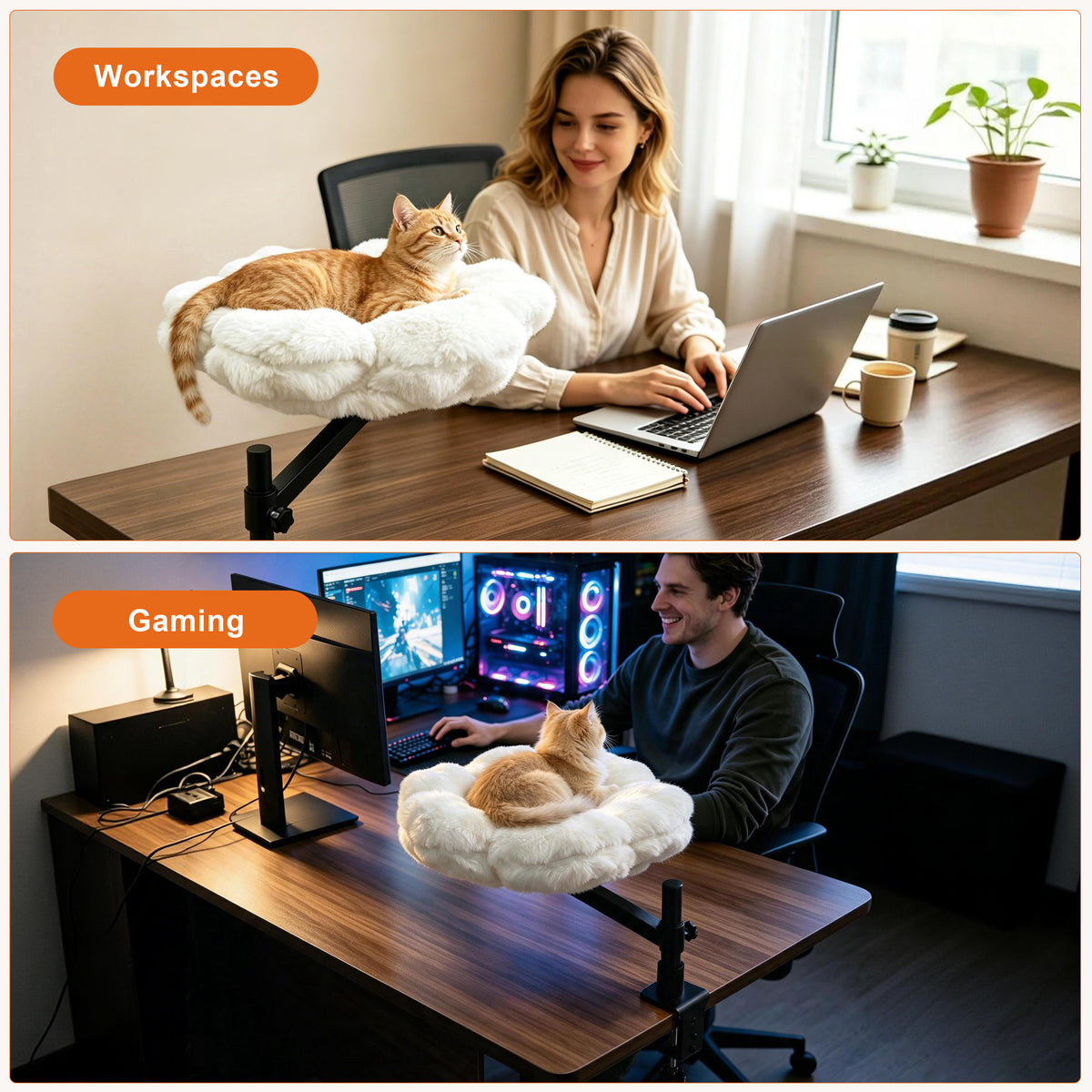 Cat Desk Bed: Elevated Desk Mount Cat Bed with Clamp-on, 360°&nbsp;Rotating &amp; Height Adjustable Support Clamp, Padded Soft Flower Shaped Nest Bed for Kittens