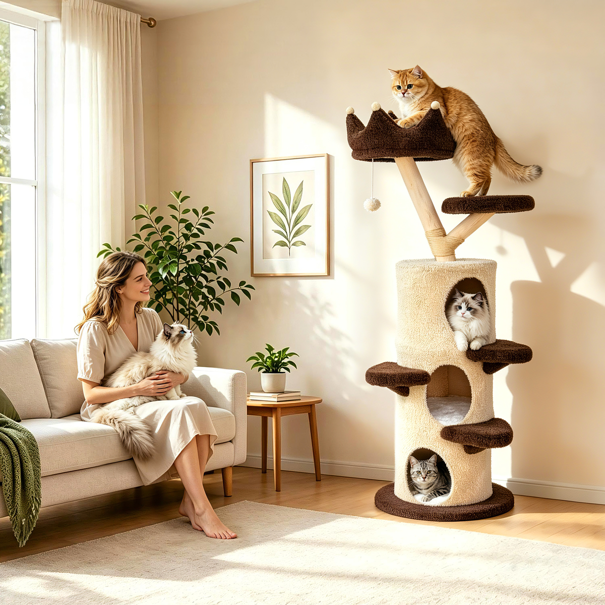 Modern Cat Tree with Cream & Brown Design, Large Cat Tree Multi-Level Tower, Cat Tree for Multiple Cats, Spacious Tree Trunk Cat Condo, Pet Furniture Gift