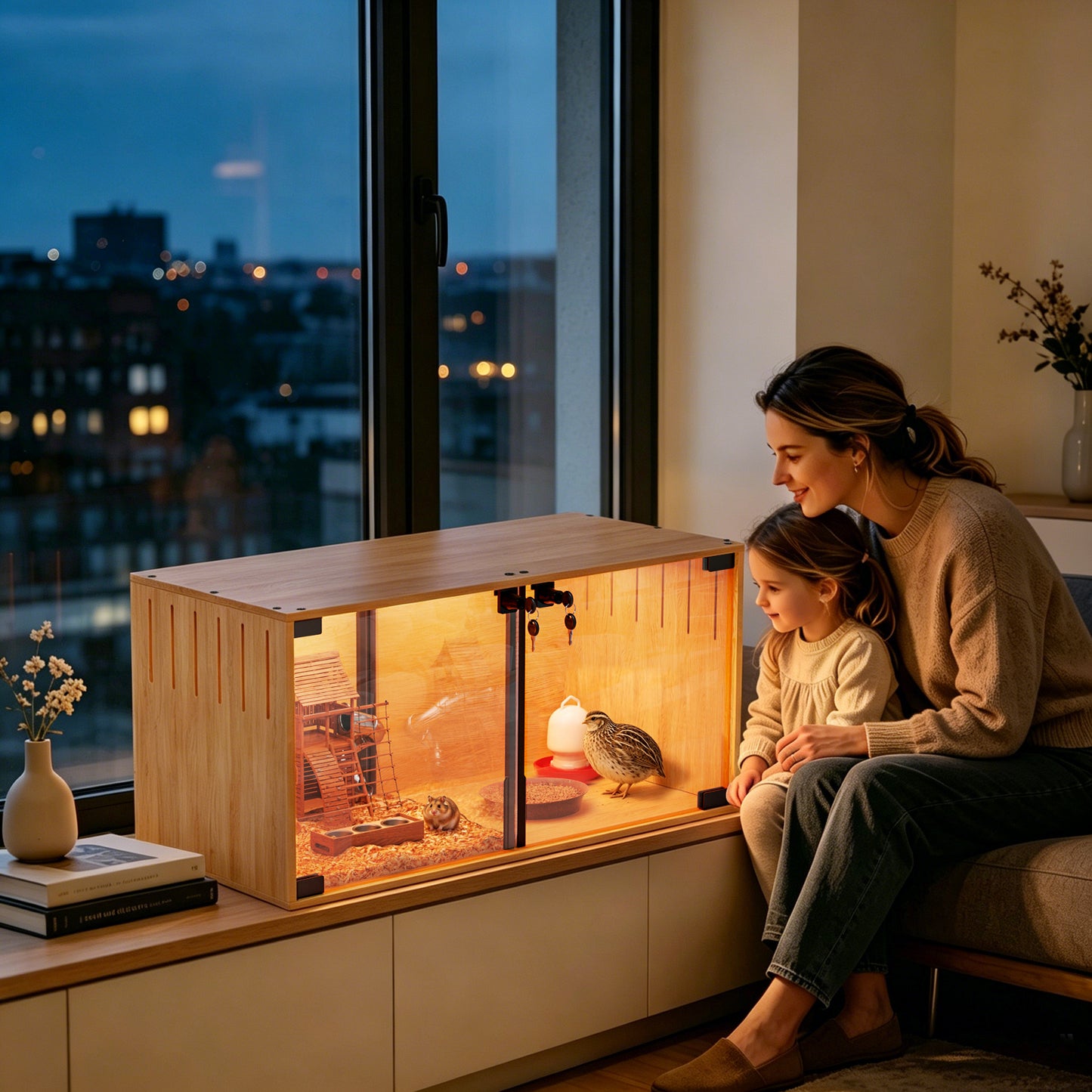Wooden Pet Cage: Natural Wooden Hamster Guinea Pigs Cage Hedgehogs Enclosure with Tempered Glass Panels, Built-in LED Light, for Small Pets