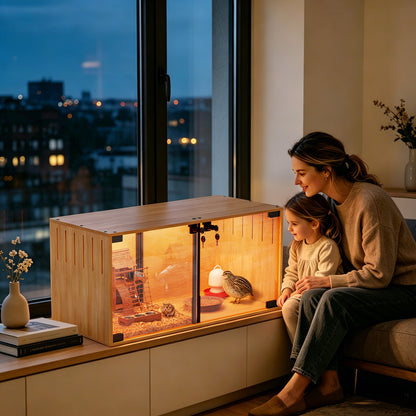 Wooden Pet Cage: Natural Wooden Hamster Guinea Pigs Cage Hedgehogs Enclosure with Tempered Glass Panels, Built-in LED Light, for Small Pets