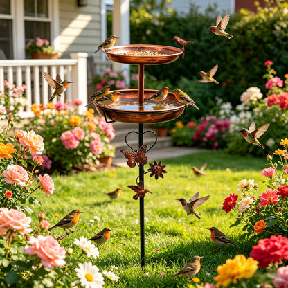 2 Tier Outdoor Bird Bath and Feeder, Decorative Standing Bird Bath for Outside Yard, Heavy Duty Garden Bird Feeder Station, Aged Bronze