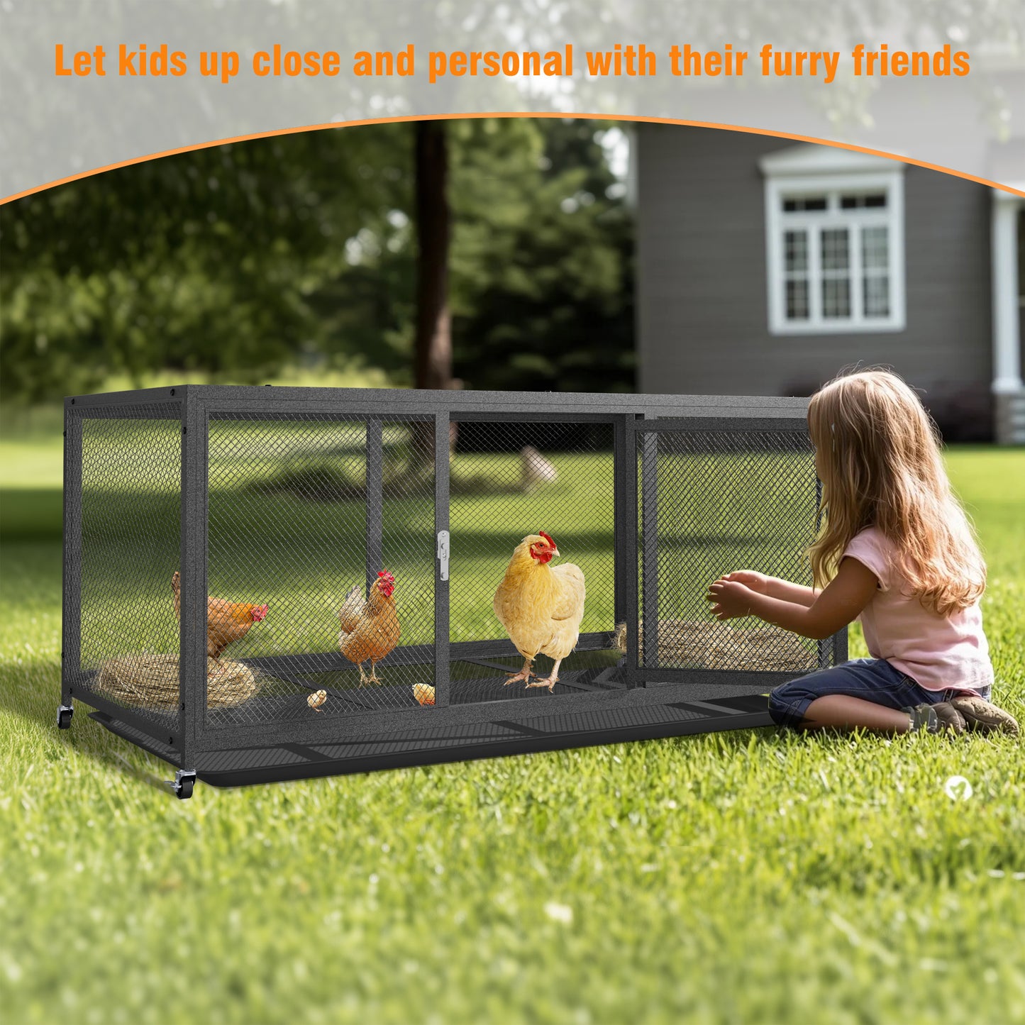 Metal Chicken Cage with Wheels, Elevated Indoor Chicken Cage, Heavy Duty Movable Iron Chicken Coop for Balcony, Patio, Small Pet Chickens and Quail