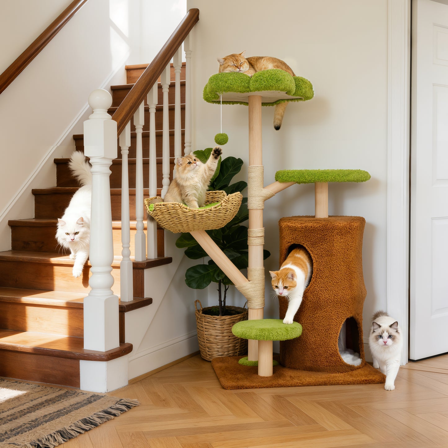 Multi-Level Cat Tower: 55.91-Inch Tall Cat Tower for Indoor Cat, Kitten Play Center with Scratching Posts, Top Perches, Hideaways, Vivid Green