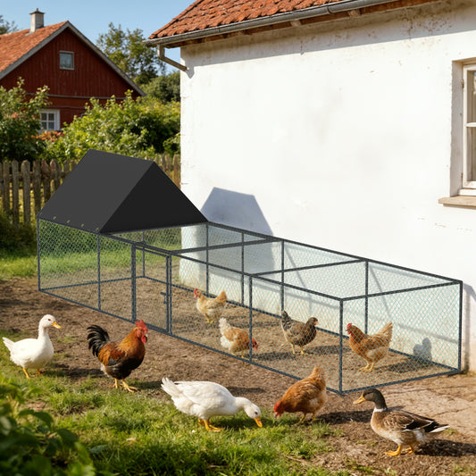 Metal Chicken Coop Outdoor Walk-In Hen House, Small Chicken Cage with Roof Cover, Heavy Duty Poultry Run Pen for Ducks and Quails