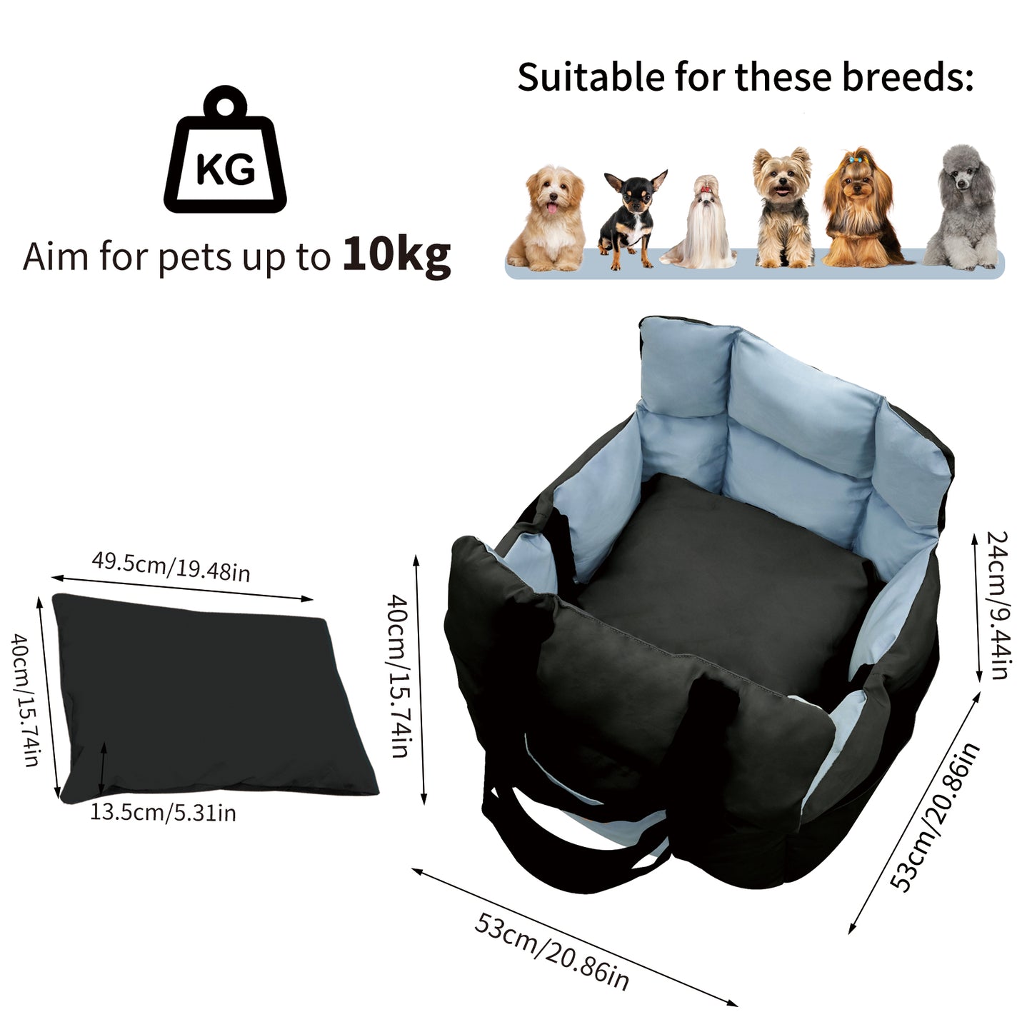 Puppy Travel Carrier Bed: Dog Booster Car Seat Pet Travel Carrier Bed with Safety Belt, Storage Pocket for Vehicles, Shoulder Strap/ Handle