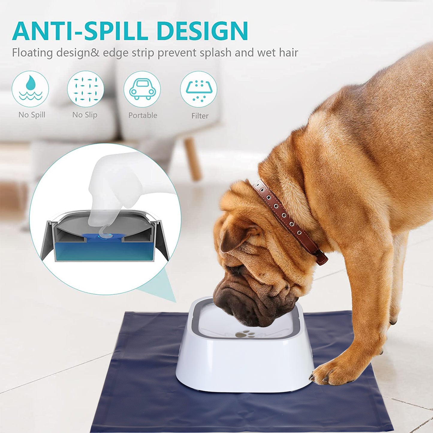 No-Spill Dog Water Bowl Pet Dog Water Bowl No Spill Splash-free Cat Slow Drinking Bowl with Waterproof Mat for Dogs and Cats