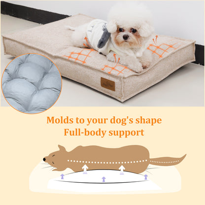 Soft Linen Dog Bed with Removable Washable Cover, Flat Pet Bed Mat for Crate, Shredded Foam Filled Puppy Pad with Non-Slip Bottom