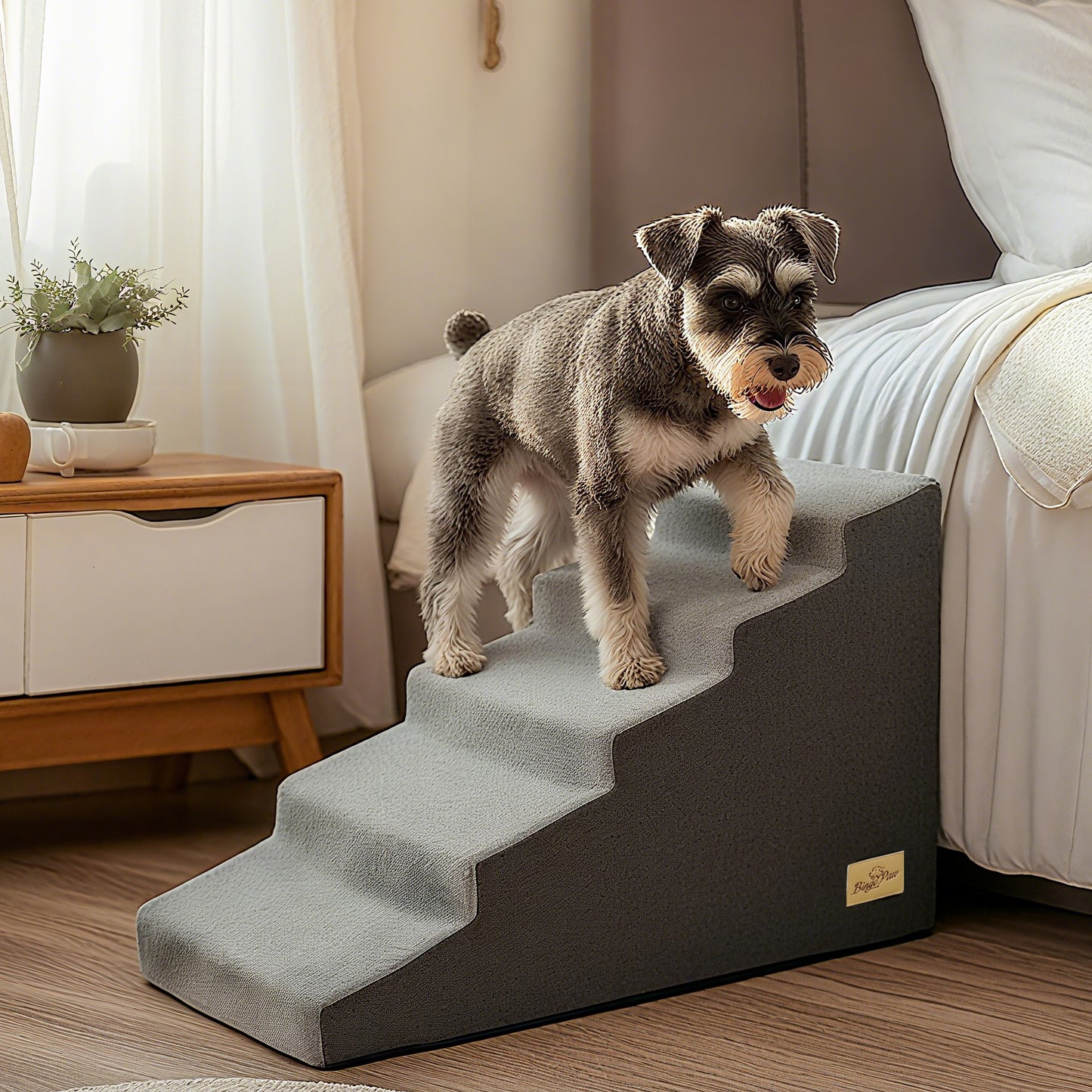 Sponge Dog Stairs for Bed & Sofa, 4 Step Dog Stairs, Dog Bed Steps for High Places, Non-Slip Gray Pet Stairs for Small Dogs