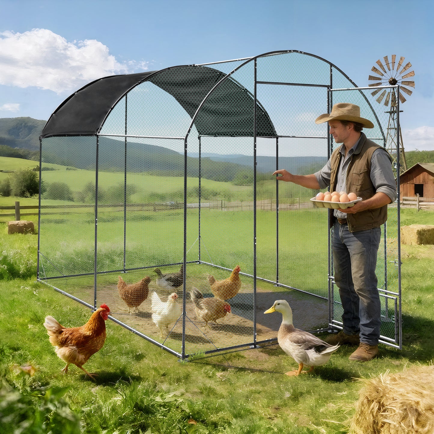 Walk in Chicken Coop Run, Large Metal Chicken Coop with Roof Cover, Outdoor Chicken Pens with Top, Heavy Duty Steel Poultry Enclosure for Backyard Farm