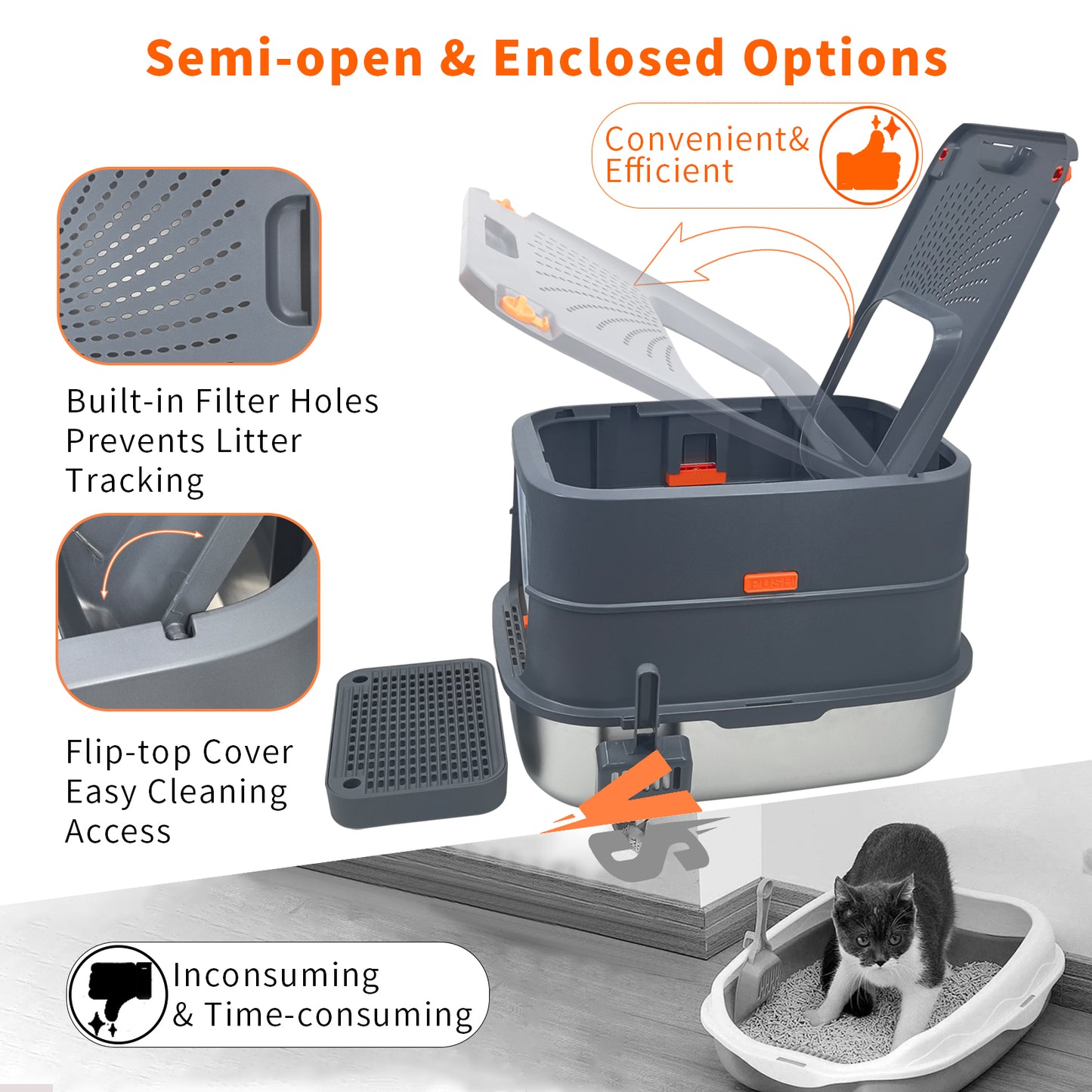 Cat Litter Box: Enclosed Cat Kitty Litter Box with Stainless Steel Tray Pan, Front Top Exit Toilet Boxes with Removable Lid, Non Stick, No Smell, Scoop Included