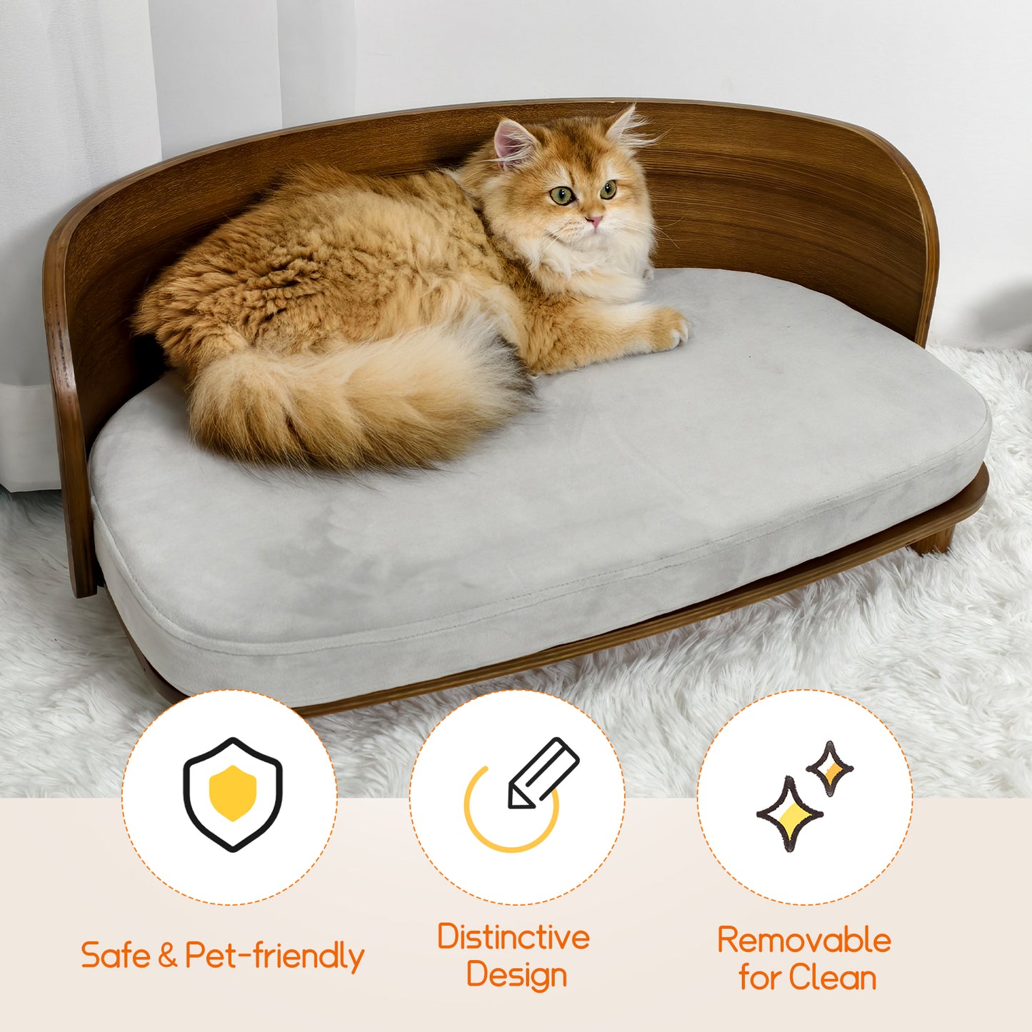 Wooden Cat Furniture Elevated Pet Stool Bed with Cozy Pad for Indoor Animals