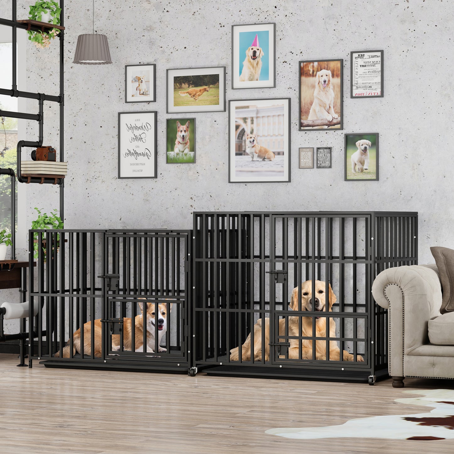 Stackable Dog Cage: Heavy Metal Dog Kennel Square Tube Cage with Double Layers Stackable Pet Crate w/ Casters, Removable Tray, Lock Latch