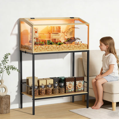 Hamster Cage with Stand: Indoor Wooden Hamster Cage Habitat Enclosure with Shelf Clear Tempered Glass Panel, Built-in LED Lights, for Gerbil, Hedgehog, Chew-proof