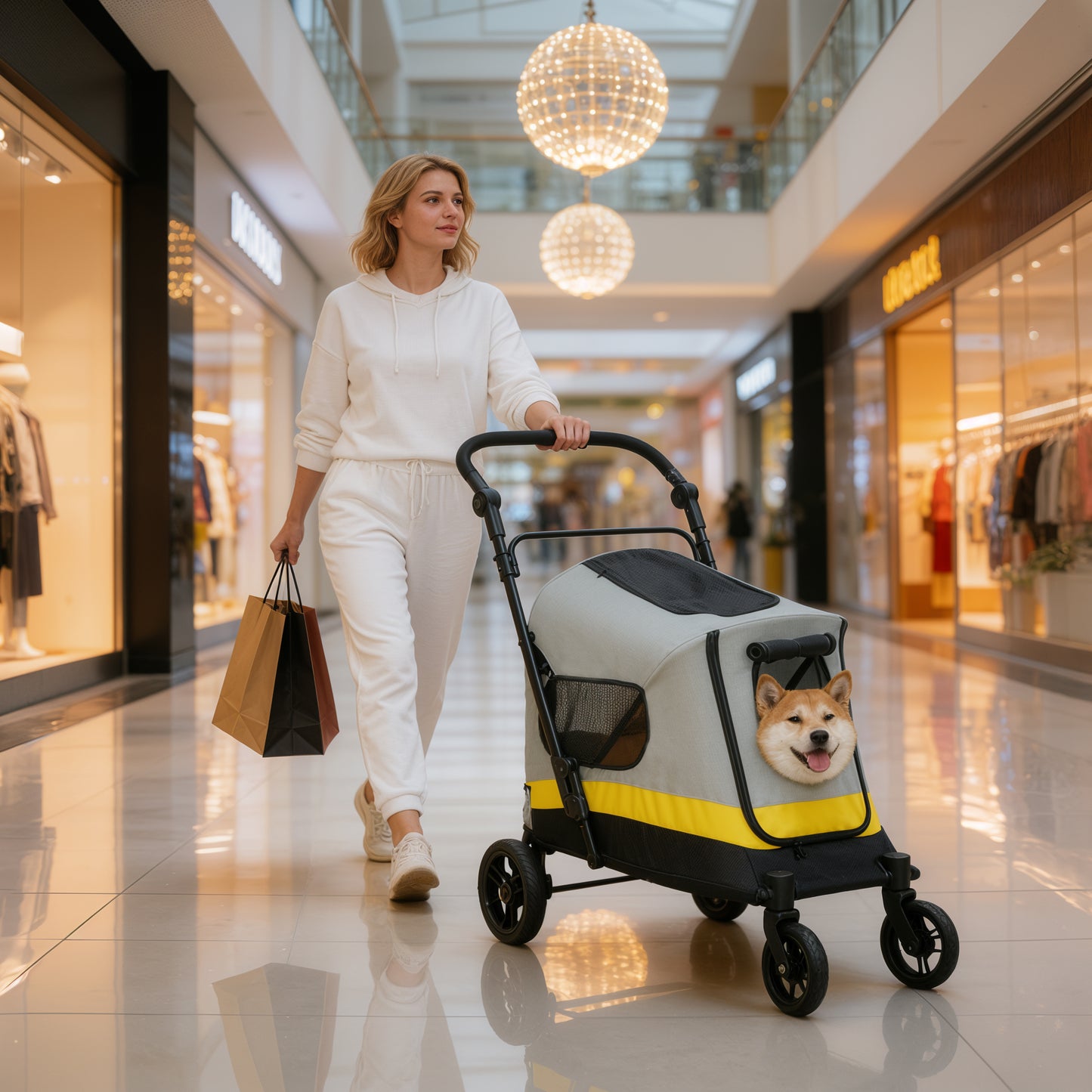 Foldable Dog Pet Jogging Stroller for Travel, Outdoor Walking, One-click Folding M Size