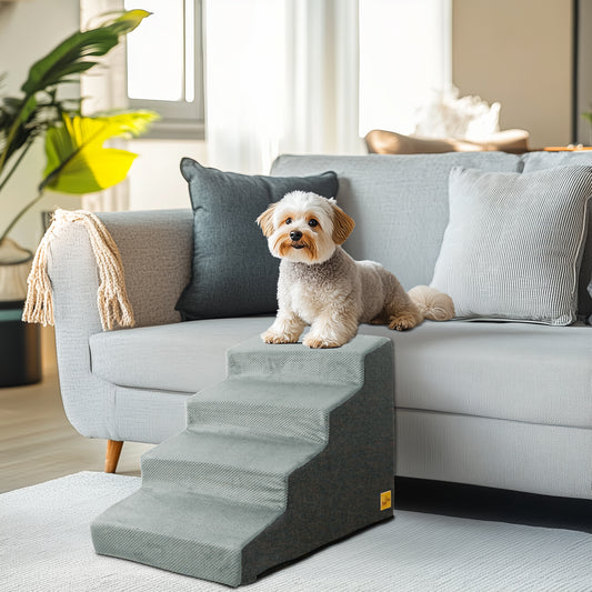 Sponge Dog Stairs for Bed & Sofa, 4 Step Dog Stairs, Dog Bed Steps for High Places, Non-Slip Gray Pet Stairs for Small Dogs
