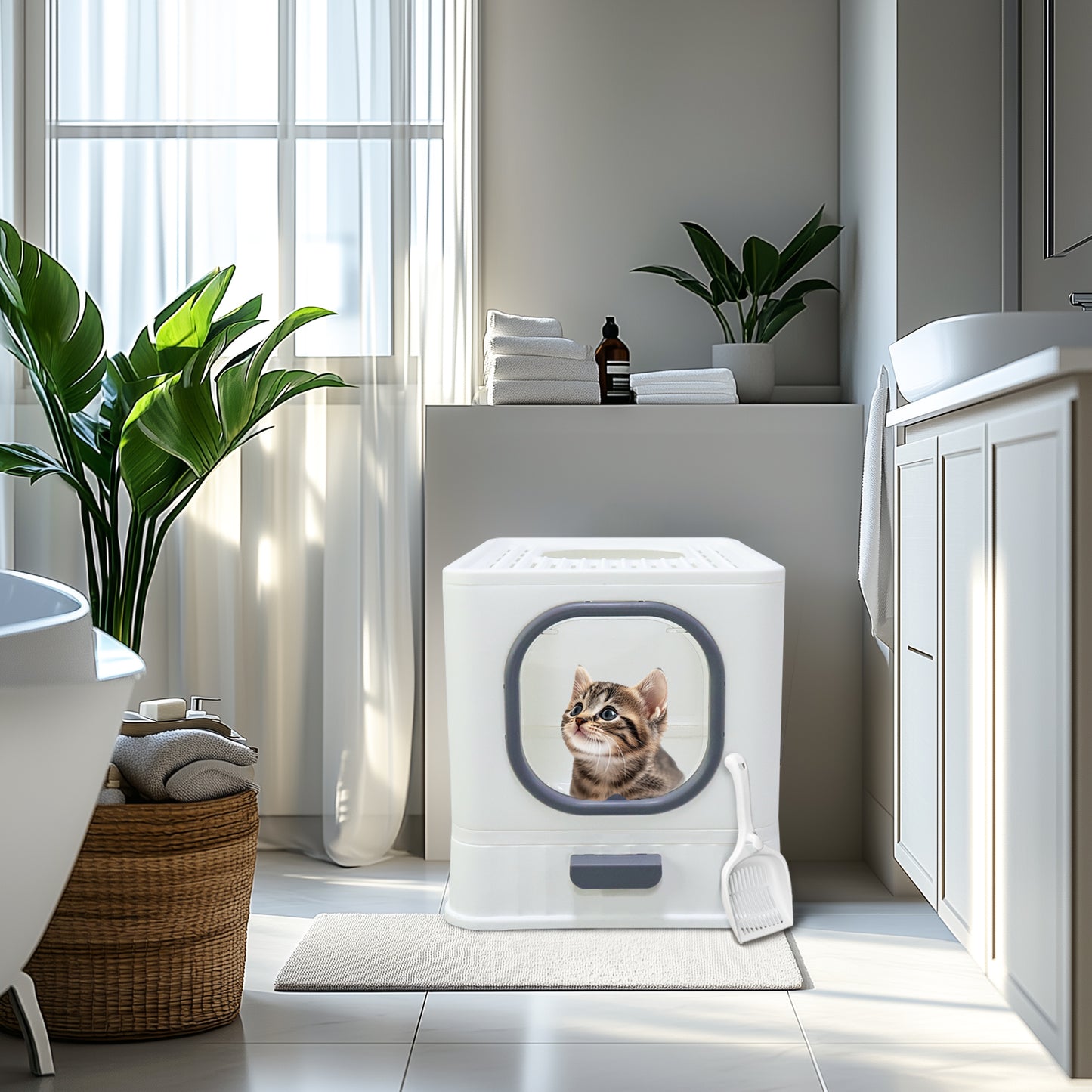 Large Cat Litter Box with Lid, Enclosed Drawer Type Litter Box with Scoop for Cat, Plastic Easy to Clean Cat Toilet 15x20 Inch