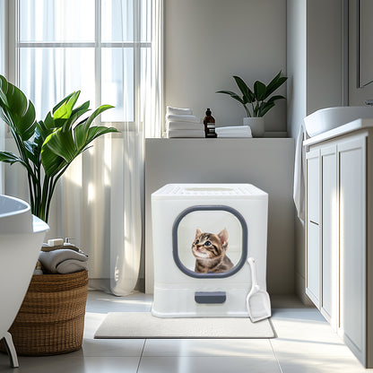 Large Cat Litter Box with Lid, Enclosed Drawer Type Litter Box with Scoop for Cat, Plastic Easy to Clean Cat Toilet 15x20 Inch