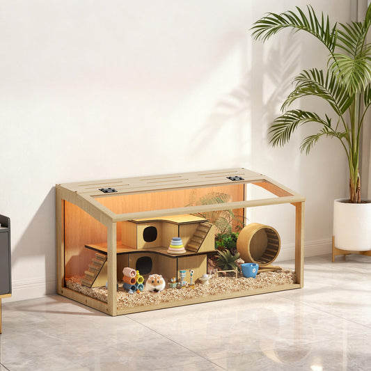 Chew-proof Hamster Cage: Indoor Wooden Hamster Cage with Clear Tempered Glass Panel, Built-in Light, Tabletop Hamsters Habitat Enclosure for Pets