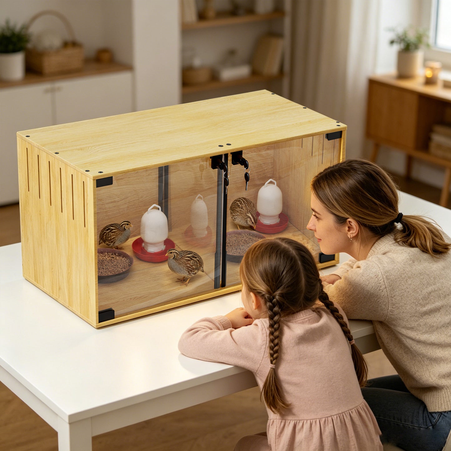 Wooden Pet Cage: Natural Wooden Hamster Guinea Pigs Cage Hedgehogs Enclosure with Tempered Glass Panels, Built-in LED Light, for Small Pets