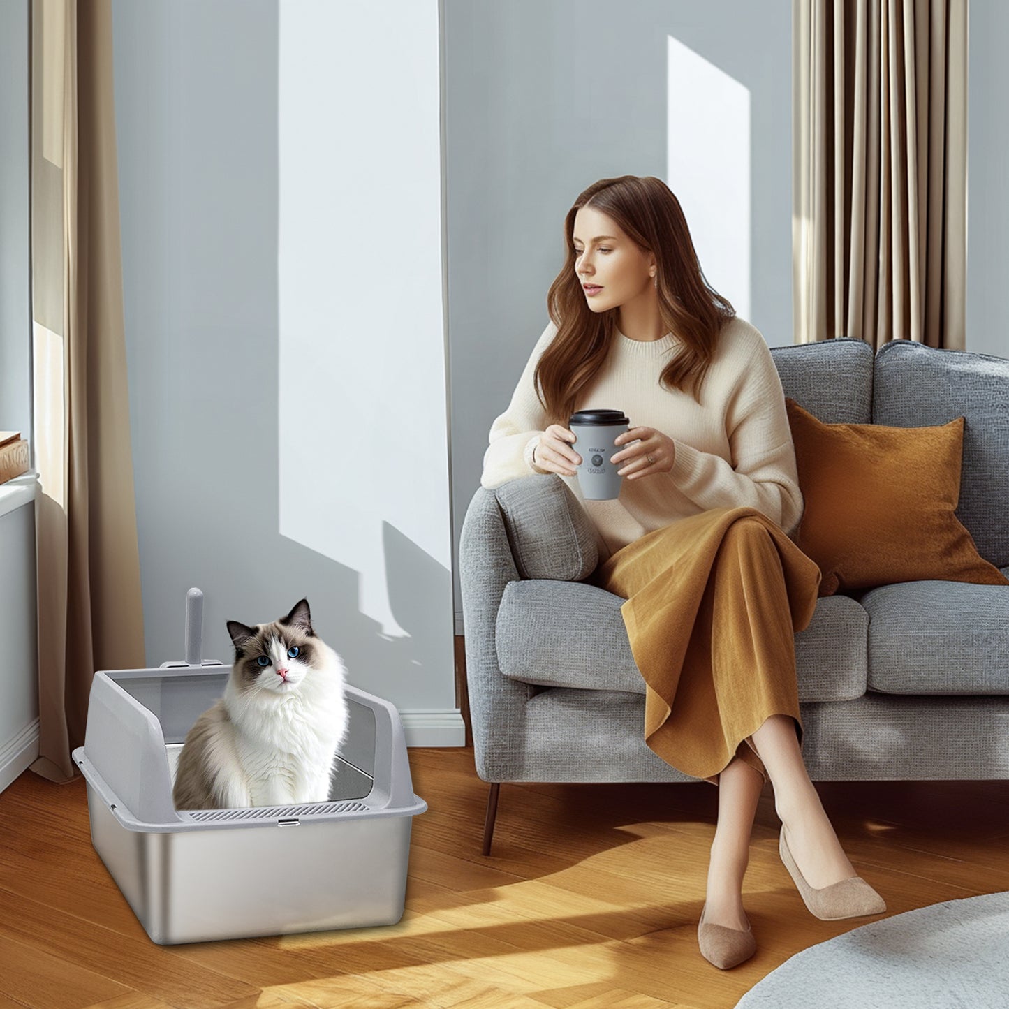 Stainless Steel Cat Litter Box High Sided Pan with Spoon for Cats, Easy to Clean