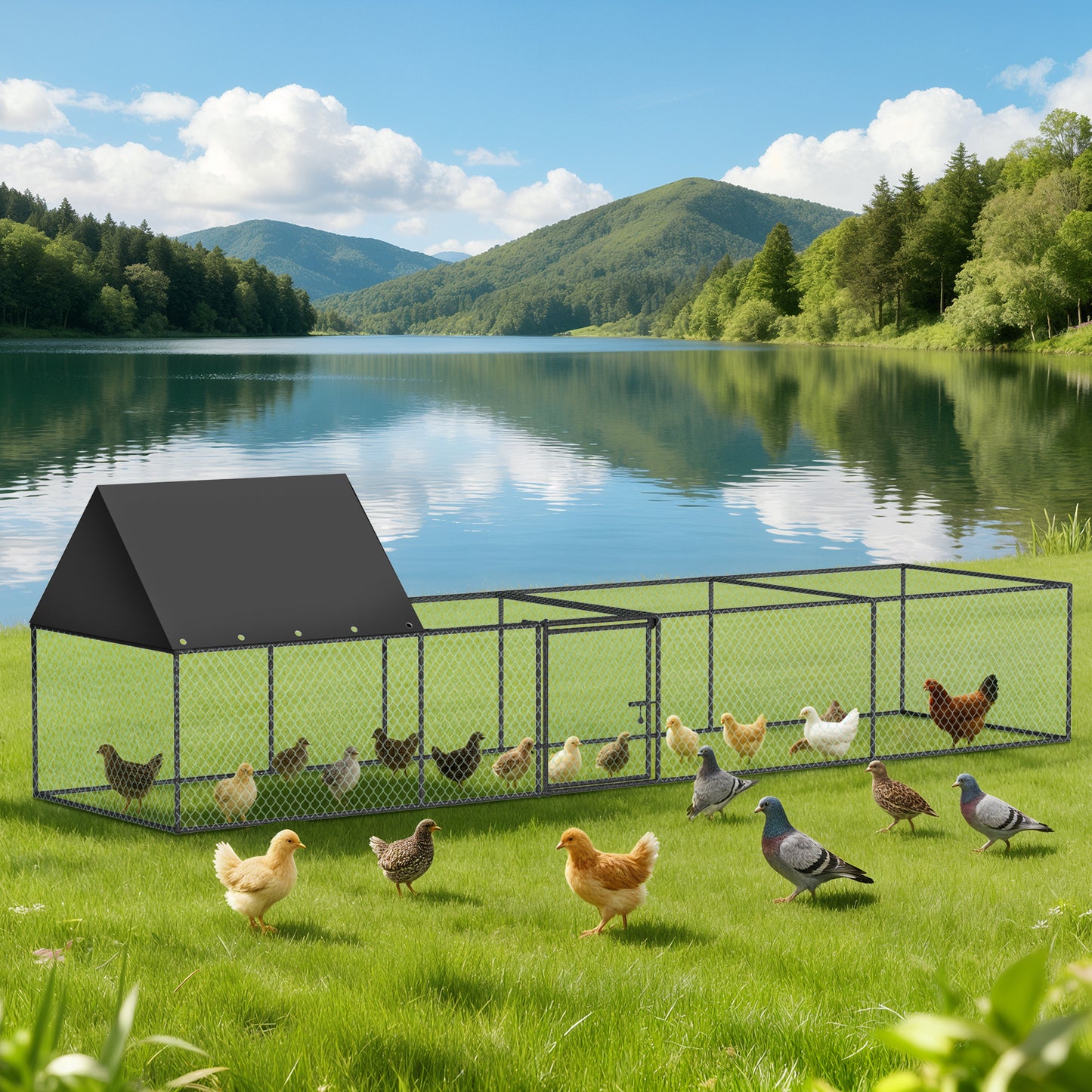 Metal Chicken Coop Outdoor Walk-In Hen House, Small Chicken Cage with Roof Cover, Heavy Duty Poultry Run Pen for Ducks and Quails
