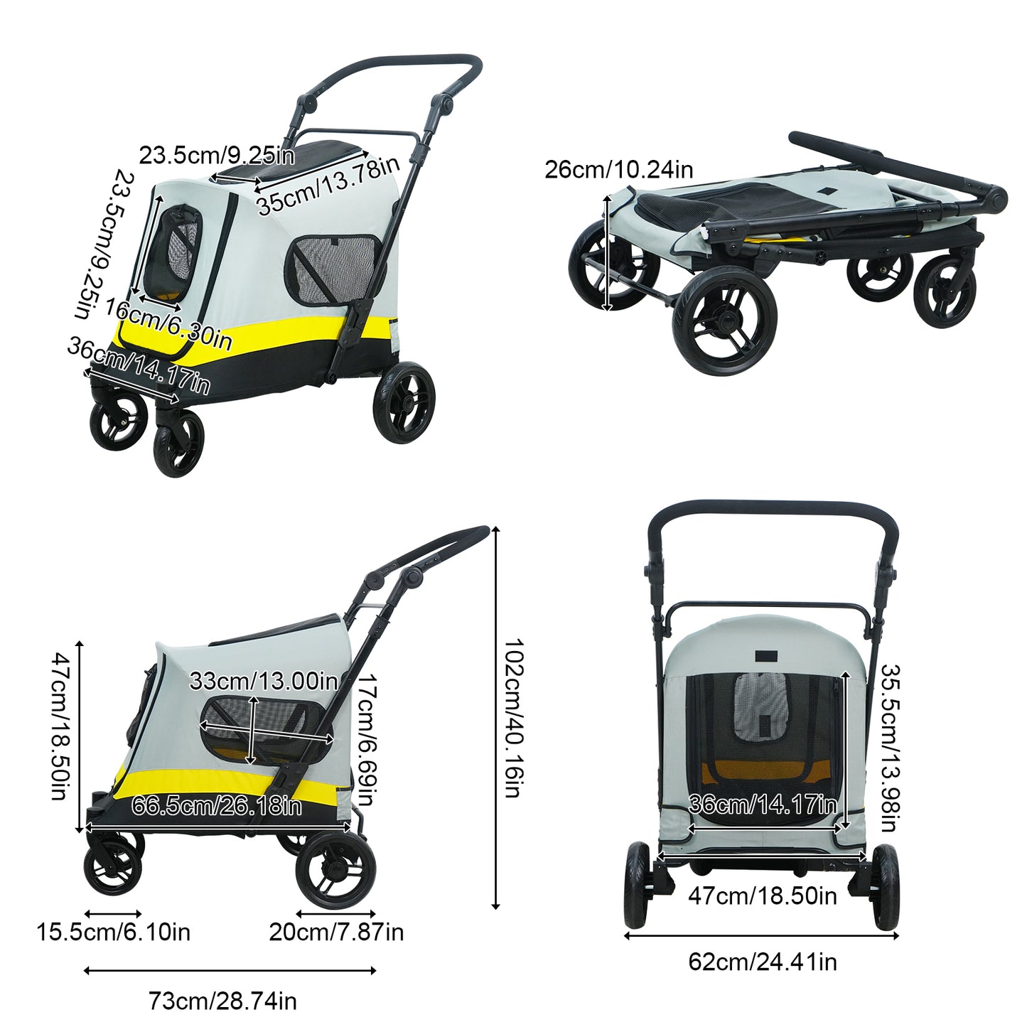 Foldable Dog Pet Jogging Stroller for Travel, Outdoor Walking, One-click Folding M Size